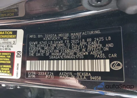 2022 Lexus Es 300H F Sport z USA, uszkodzony, nr VIN 58AGA1C1XNU021755